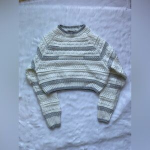 White and Silver Tinsel Striped Cropped Knitted Sweater